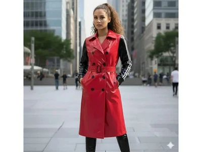 Red PVC Trench Coat Women Shiny Patent Leather Look Raincoat Chic  Waterproof - Image 1 of 4