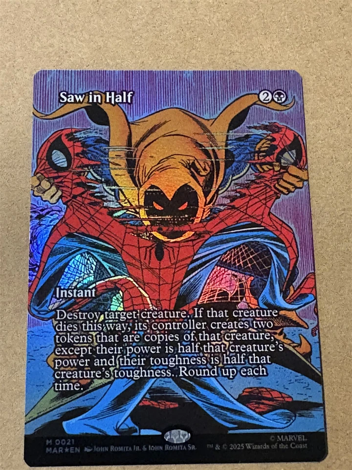 mtg borderless foil Saw in Half full art card, Marvel Spiderman set, unplayed - Image 1 of 1