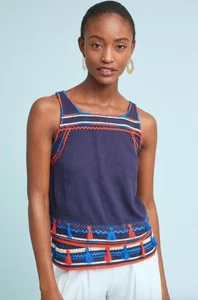 Anthropologie Maeve Palos Verdes Quasten-Top Gr. 6 blau bestickt neu 118 $ Etikett - Bild 1 von 8