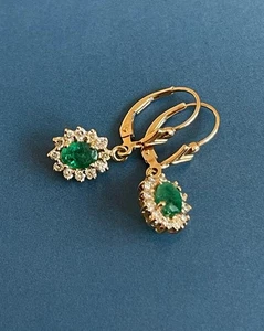 Diamond Emerald Earrings Halo Cluster drop in 14ct Yellow Gold - Picture 1 of 8