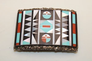 Vintage Sterling Silver Turquoise Inlay Belt Buckle signed J. Esalio Zuni N.M. - Picture 1 of 5