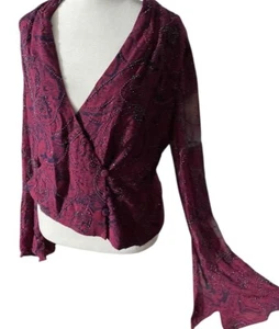 Carmen Marc Valvo Silk Beaded Blouse Women 10 Burgundy Bell Sleeve Plunge Top - Picture 1 of 19