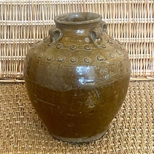 Antique Ming Dynasty Martaban Pickling Stoneware Olive Glazed Jar Pot China 23cm - Picture 1 of 7