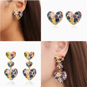 Oscar de la renta Gold Clip On Earrings Purple PInk Blue CZ HUGE Heart For Women - Picture 1 of 9