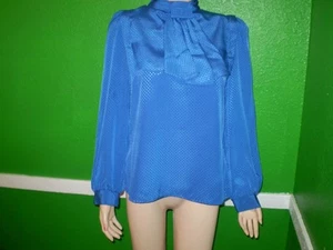 JOXELL VINTAGE SILKY JABOT SHIRT TOP DRESS SUIT BLOUSE FULL BACK BUTTON BLUE - Picture 1 of 1