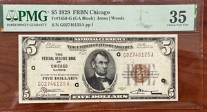1929 $5 Federal Reserve Bank Note Chicago PMG VF 35 - Fr# 1850-G - Jones/Woods - Picture 1 of 4