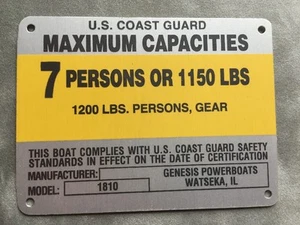 United Marine Boat Capacity Plate~Tag 7 Person or 1150 Lbs~Genesis Boats 1810 - Picture 1 of 1