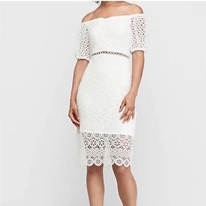 Vestido Lápiz Express Blanco Fuera del Hombro Crochet Encaje Midi XS NUEVO - Imagen 1 de 10