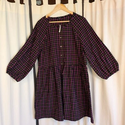 NWT Madewell Women's Flannel Raglan Shirt Dress Cottagecore Plaid Size 16 — 第 1/4 张图片