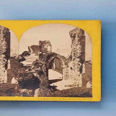 Hastings Stereoview C1870 Real Photo Sussex Castle Ruin Grounds F.S.Mann - Image 1 of 3