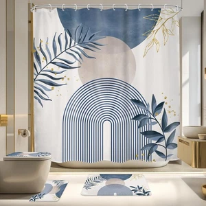 4 Stück Marine Blau Grau Boho 72Bx72H Duschvorhang Set Modern Mid Century Pflanze... - Bild 1 von 7