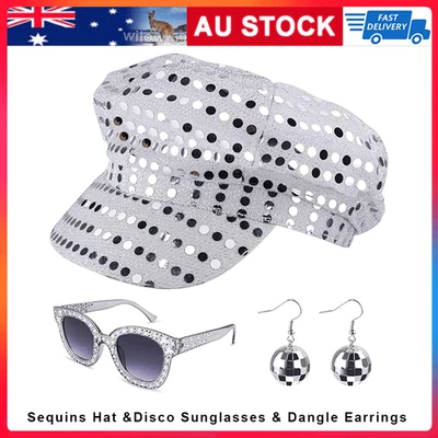 70s Sequin Hat Abba Hat Women Disco Accessories Hat Sunglasses Earrings Party - image 1 of 4