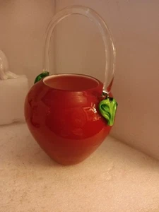 Red Apple Large Art Glass Handled Studio Blown Basket With Applied Green Leaves - Picture 1 of 5