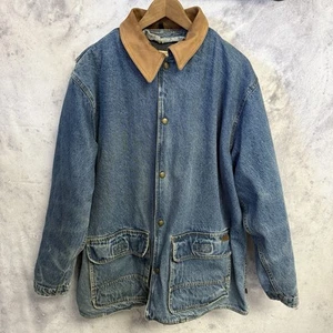 Woolrich Mens Jacket Large Denim Fleece Lined Chore Canvas Barn Coat Blanket - Picture 1 of 20