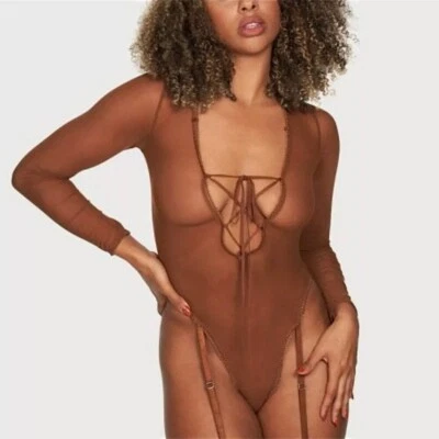 NWT Frederick's of Hollywood Mesh Bodysuit Teddy Sz.M Brown Sheer Garter Sexy - Image 1 of 4