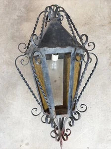 VTG Spanish Revival Gothic Style Wrought Iron Stained Glass Hanging Light Lamp - Picture 1 of 9