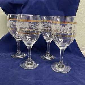 Circleware Crystal Duchess Water Goblet White Flowers Gold Bands 7 1/4" Set Of 4 - Picture 1 of 3