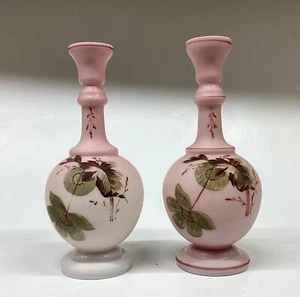 Victorian Pink Opaline Satin Glass Vases Flower Painted Opaque Glass Vases Pair - Picture 1 of 8