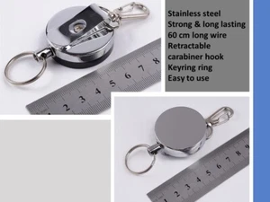 New Silver Retractable Keychain 60cm Stainless Steel Cord w/ Durable Belt Loop - Foto 1 di 24