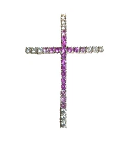 ESTENZA Cut Pink Sapphire Diamond Cross Pendant Necklace 14K White Gold 2.6 G - Picture 1 of 10