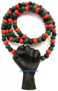 Power Fist Necklace New 30 Inch Good Wood Style Pendant With Wood Bead Chain - Picture 1 of 27