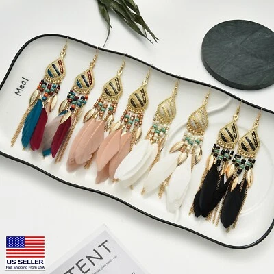 Мода женщин ювелирных изделий серьги перо кисточки листья бисер богемное стиль крюк гвоздики - Изображение 1 из 4