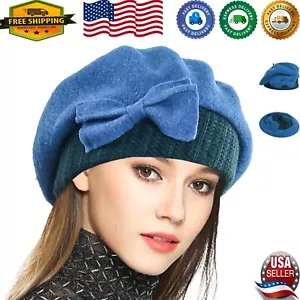 Elegant Women's Wool Beret with Floral Bow Design - Warm Winter Accessory - Picture 1 of 4