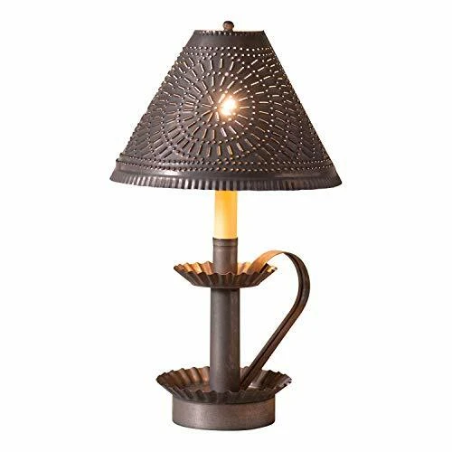 Punched Tin Shade Single Light Plantation Candlestick Lamp in Kettle Gray