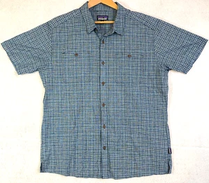 Patagonia Shirt Men’s Blue Check Plaid Short Sleeve Button Hemp Org Cotton Sz XL - Picture 1 of 9