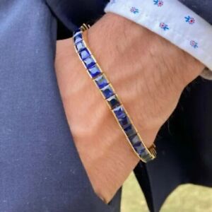 7Ct Princess Lab-Created Sapphire Men's Tennis Bracelet 14K Yellow Gold Plated