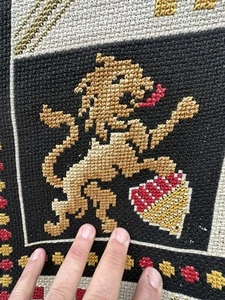 Auth: Antique Continental Needle Point Tapestry Heraldic Lion Arms Fine 5x7 - Picture 1 of 13