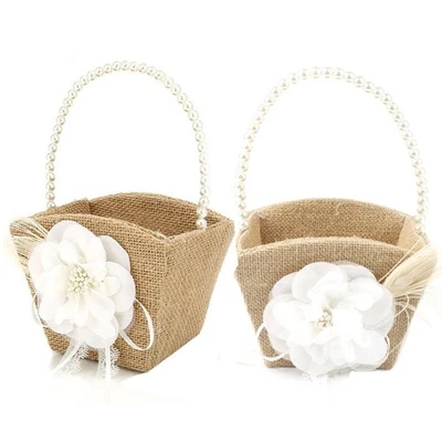 2PCS Burlap Flower Girl Basket Pearl Handle For Vintage Rustic Wedding Ceremo... - Изображение 1 из 4