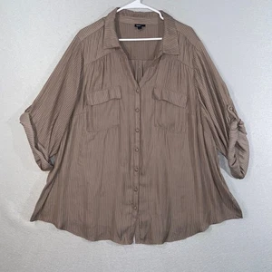 Torrid Damen 4X braun gestreift Knopfleiste Bluse durchsichtig Rollriegel Ärmel Oberteil - Bild 1 von 11