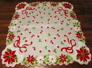 Vintage Hankie Christmas Poinsettias Bells Bulbs Bows Holly Scalloped - Picture 1 of 3