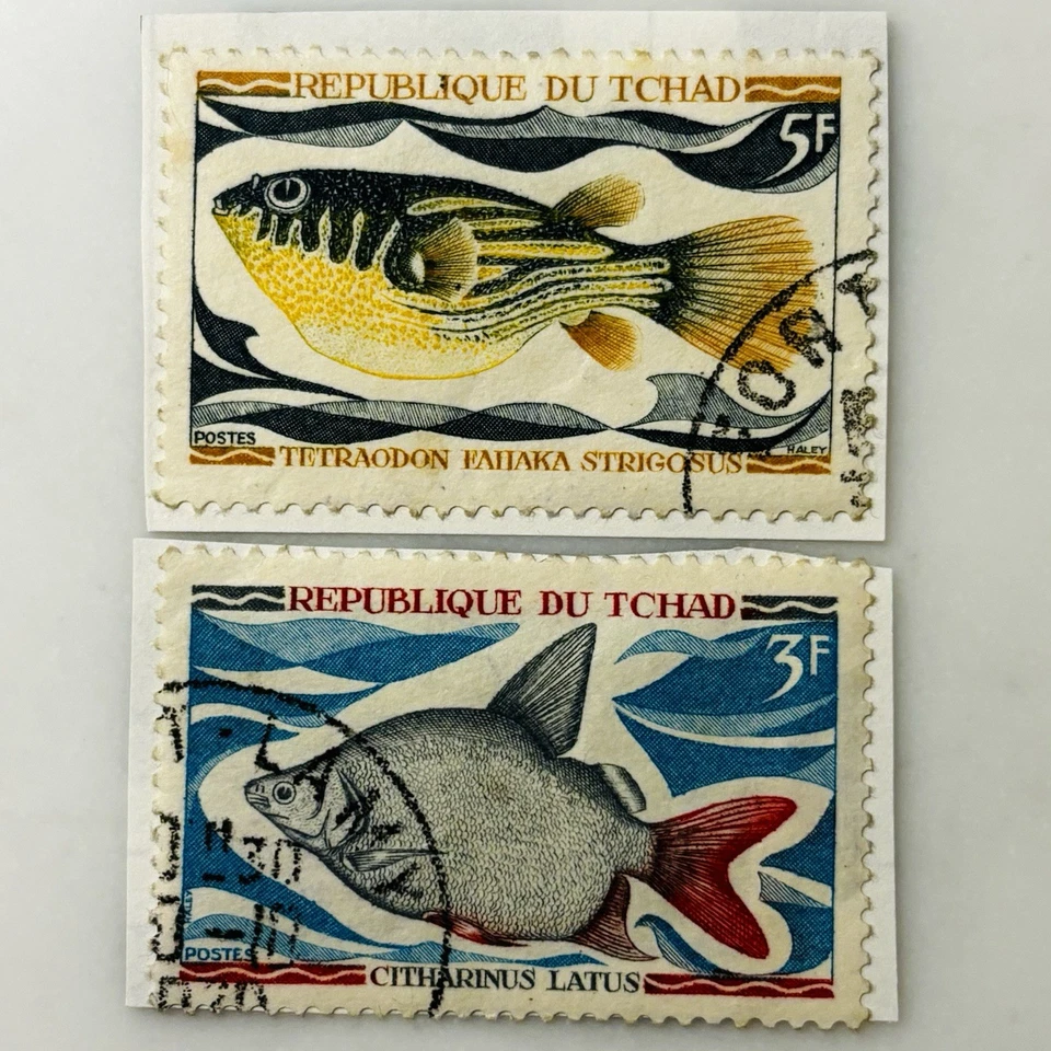 Lote de 2 estampillas usadas de Chad: Scott 219 y 220 (pez Tetraodon y Citharinus Latus) Foto 1 de 1