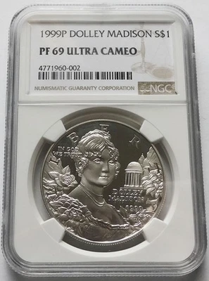 1999P Dolley Madison S$1 Silver Commemorative Dollar Coin - NGC PF 69 UCAM - Image 1 of 4