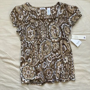 Knit Top Liz & Co. Neutral Boho Patterrn Cap Sleeve Gathered Bust Cotton PXL - Picture 1 of 5