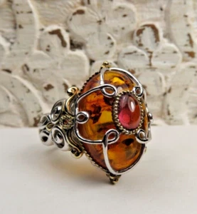 MICHAEL VALITUTTI TWO TONE AMBER STONE AND DECORATIVE STERLING SILVER RING SZ 8 - Picture 1 of 7