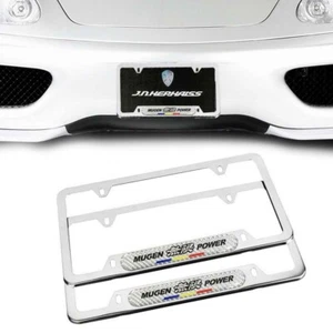 Set Of 2 Mugen Chrome Stainless Steel License Plate Frame Carbon Fiber Emblem - Picture 1 of 5