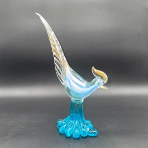 Murano Style Art Glass Pheasant Roadrunner Blue Gold Vaseline 13" - Picture 1 of 9