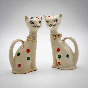 Vtg Atomic MCM Siamese Cat Ceramic Salt & Pepper Shakers '50s Polka Dots - Picture 1 of 7