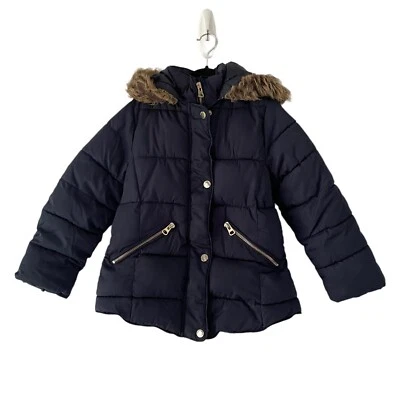Zara Kids Navy Blue Puffer Jacket 6 Girls Faux Fur Hood - Image 1 of 4