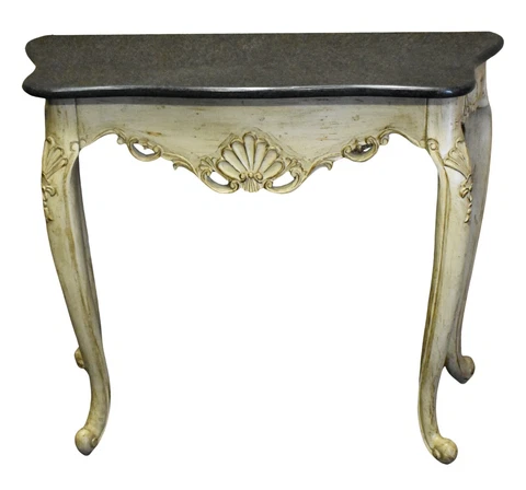 Vintage Marble Top Carved Venetian Style Console Table/Distressed Antique White Cover