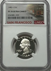 1982 S NGC PF70 Ultra Cameo Clad Proof Washington Quarter 25c Trolley Label - Picture 1 of 2