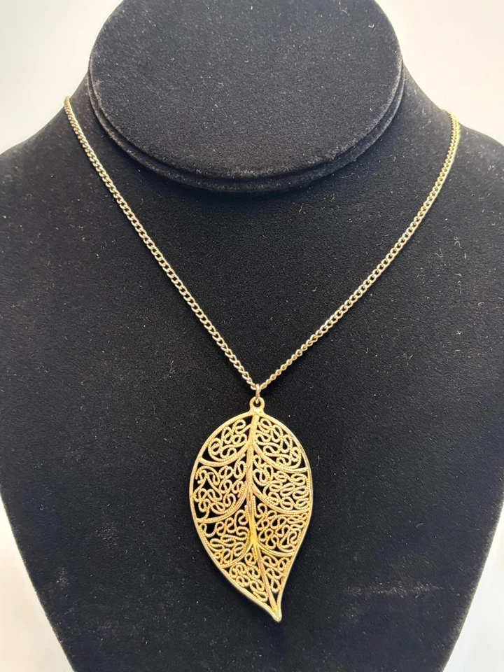 Delicate Filigree Leaf Pendant on Gold Tone Chain Long Statement Piece 32 inch - Image 1 of 4