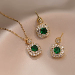 Square Design Emerald CZ Necklace Drop Earrings Set Gold Filled-Birthday Gift - Picture 1 of 8