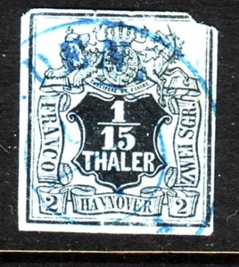 Hanover....  1850  1/15th  black on blue imperf used - Picture 1 of 1