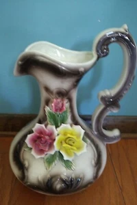 Jarrón jarra grande vintage CAPODIMONTE Italia pintado a mano rosas aplicadas italianas - Imagen 1 de 14