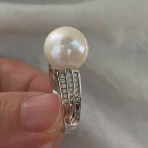 Gorgeous 10-9mm South Sea Round White Real Natural Pearl Ring 925s Adjustable - Picture 1 of 4