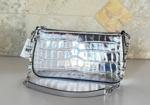 MICHAEL KORS EMPIRE MEDIUM POUCHETTE SHOULDER CHAIN BAG EMBOSSED LEATHER SILVER - Picture 1 of 16